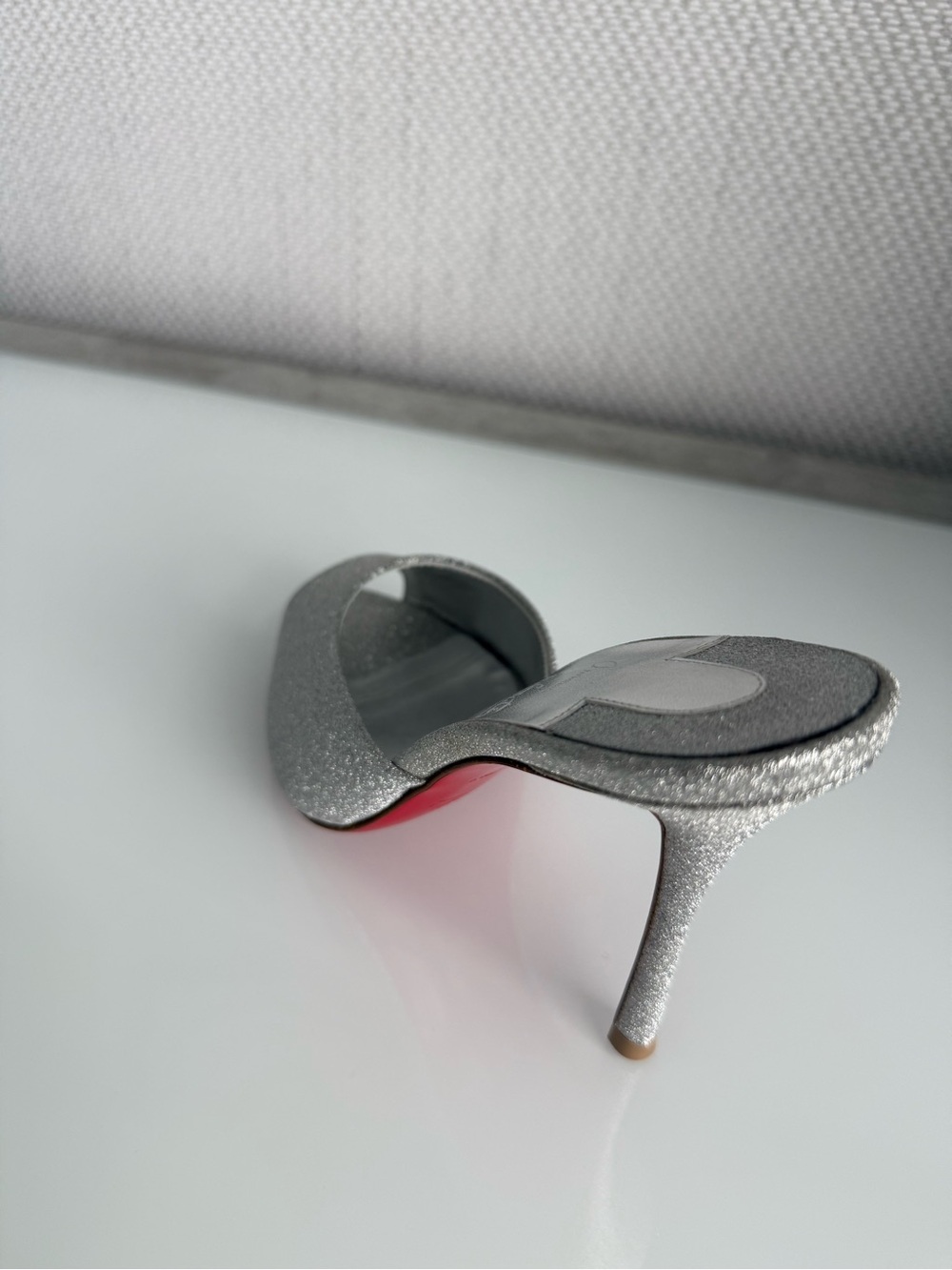 Christian Louboutin Silver Glitter Peep-Toe Mules with Red Soles - Picture 7 of 11